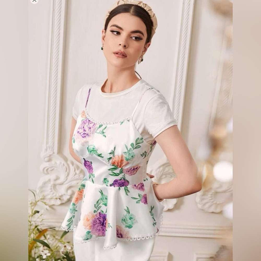 Silky white top with flowers